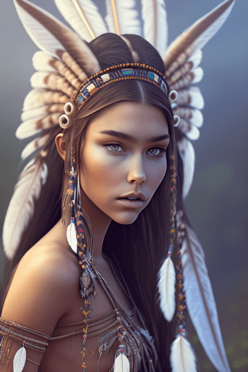 AI generated: mdjrny-v4 style portrait photograph of Madison Beer as Pocahontas, young beautiful native american w...