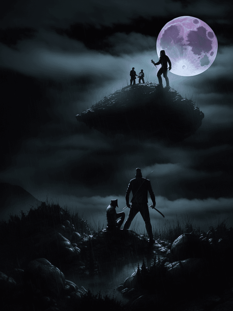AI generated: Logan fighting jason voorhees on top of a mountain under a full moon, cloudy, foggy, raining, blood ...