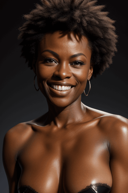 AI generated: dark background, dramatic light, backlight, rim lighting, colored woman, smiling ,best quality, 4k, ...