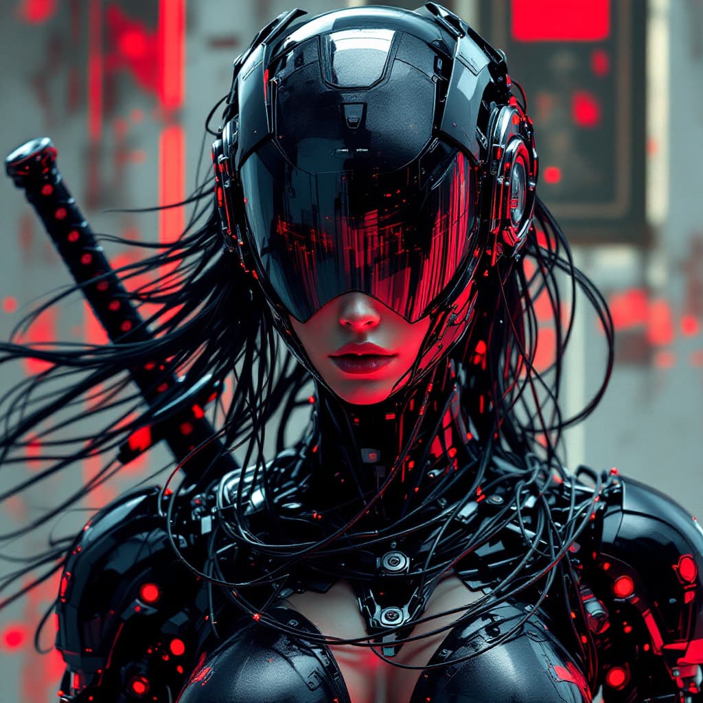 AI generated: in the style of ck-sfc, female cyberpunk robot samurai, robot face with mirrored face shield, hyperd...