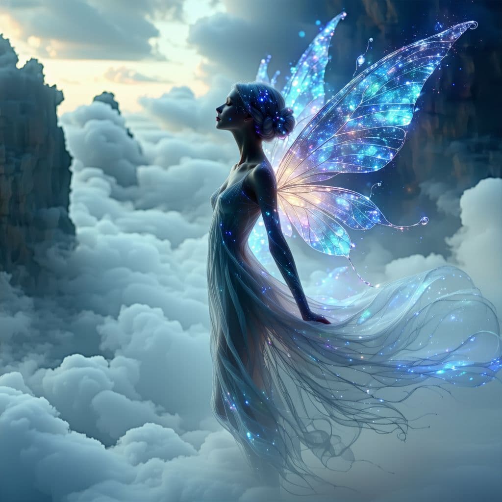 AI generated: A whimsical pixie, her form breaking into a series of interconnected lines that seem to flow and swi...