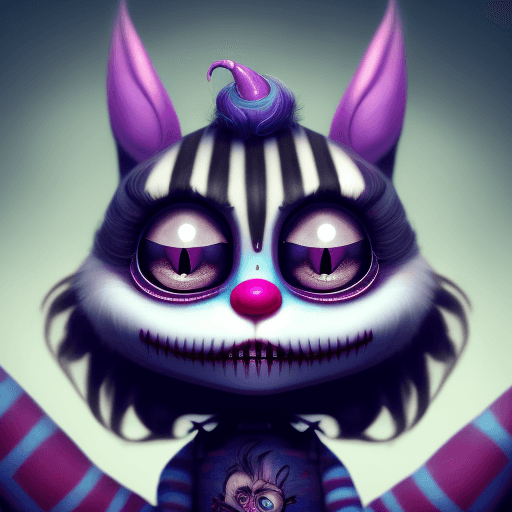 AI generated: """Clowncore, tattooes cheshire cat face, stuningly beautiful, long hair, dystopian nightmares"" 8k,...