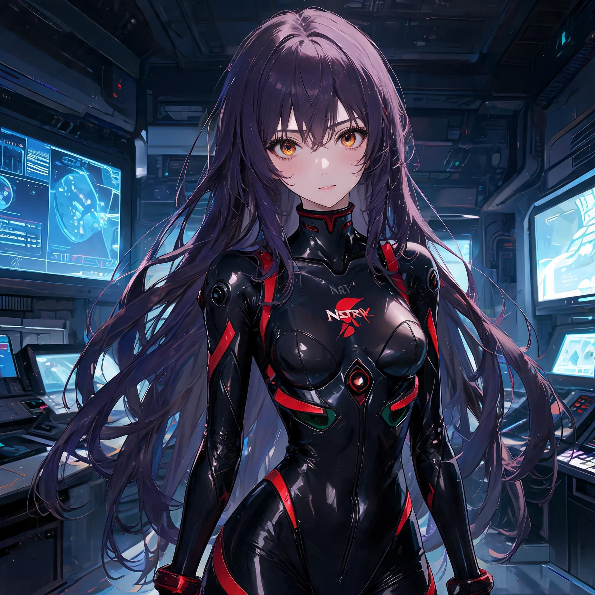 AI generated: Hyper realistic painting of a beautiful girl in an black EVA plugsuit,hyper detailed,anime,by greg r...