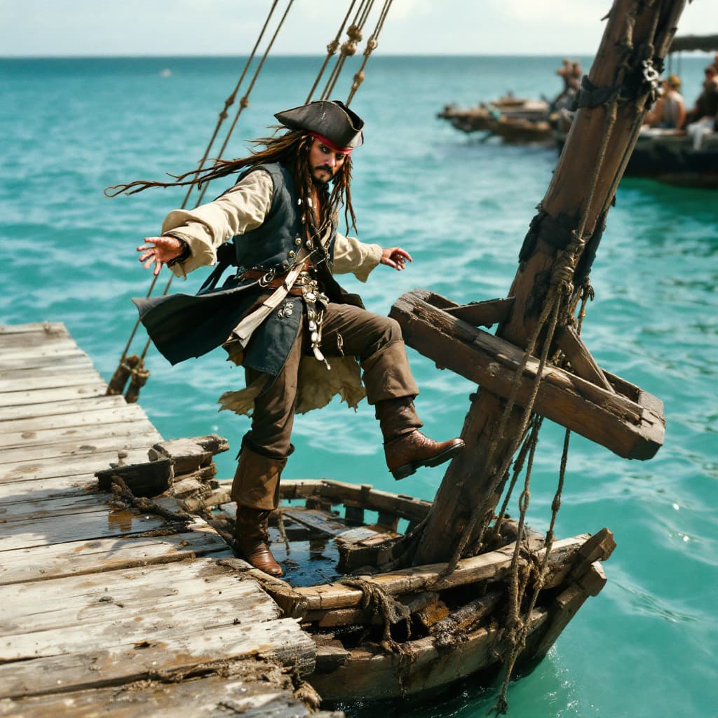 AI generated: "Capture the precise moment Jack Sparrow steps onto the dock from the mast of his sinking ship in Pi...