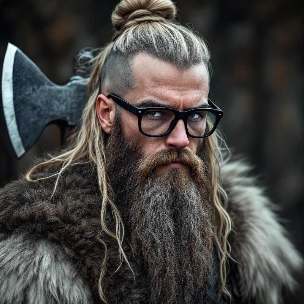 AI generated: Photo of a ultra realistic Viking with sword and axe, long hair gathered in a bun, ash blond hair, l...