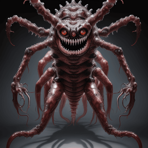 AI generated:  high quality foto of a big transparent monster, 10 legs, 3 arms, slimy, 3 heads with grimaces and b...