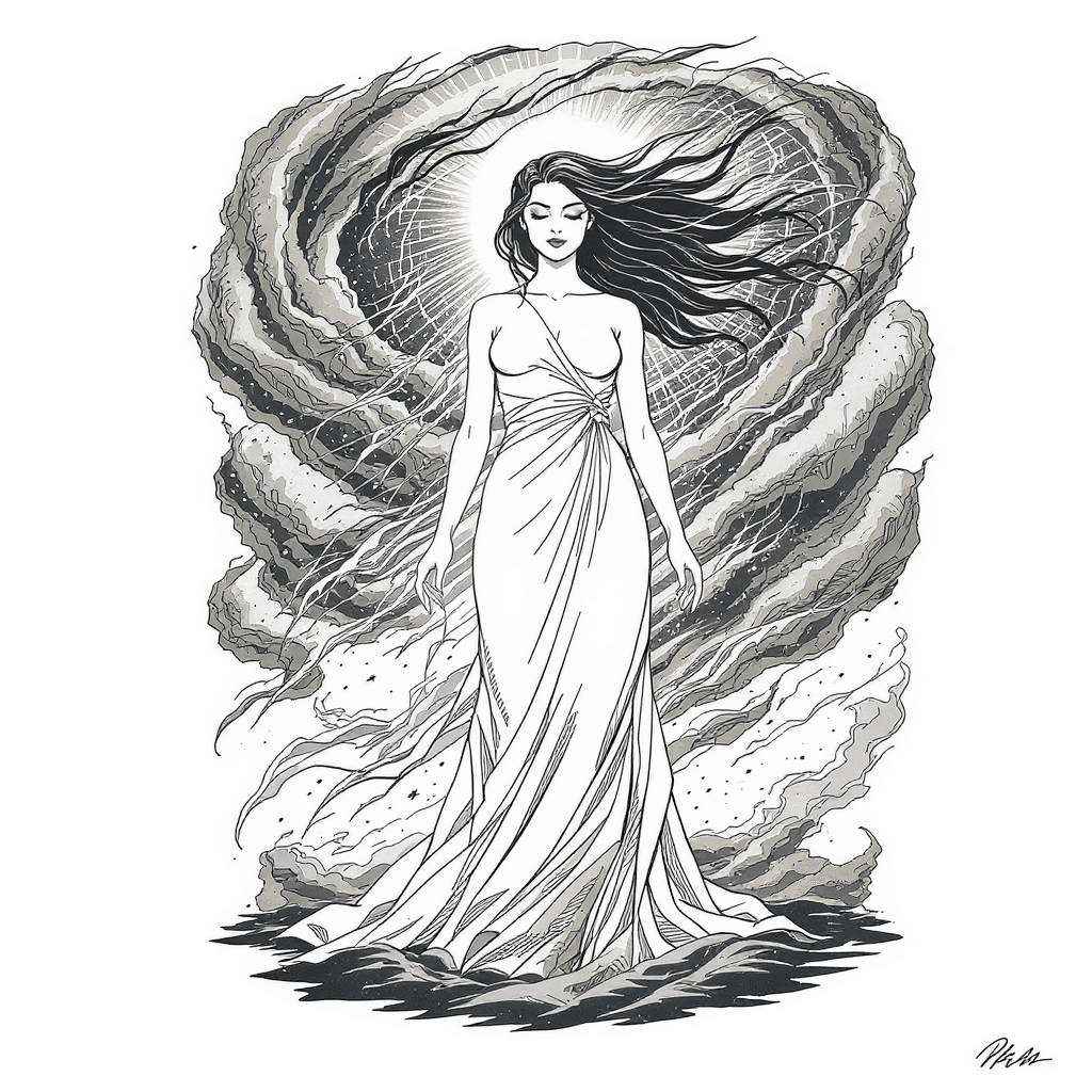 AI generated: powerful woman standing tall with calm expression, surrounded by stormy winds and chaos but untouche...