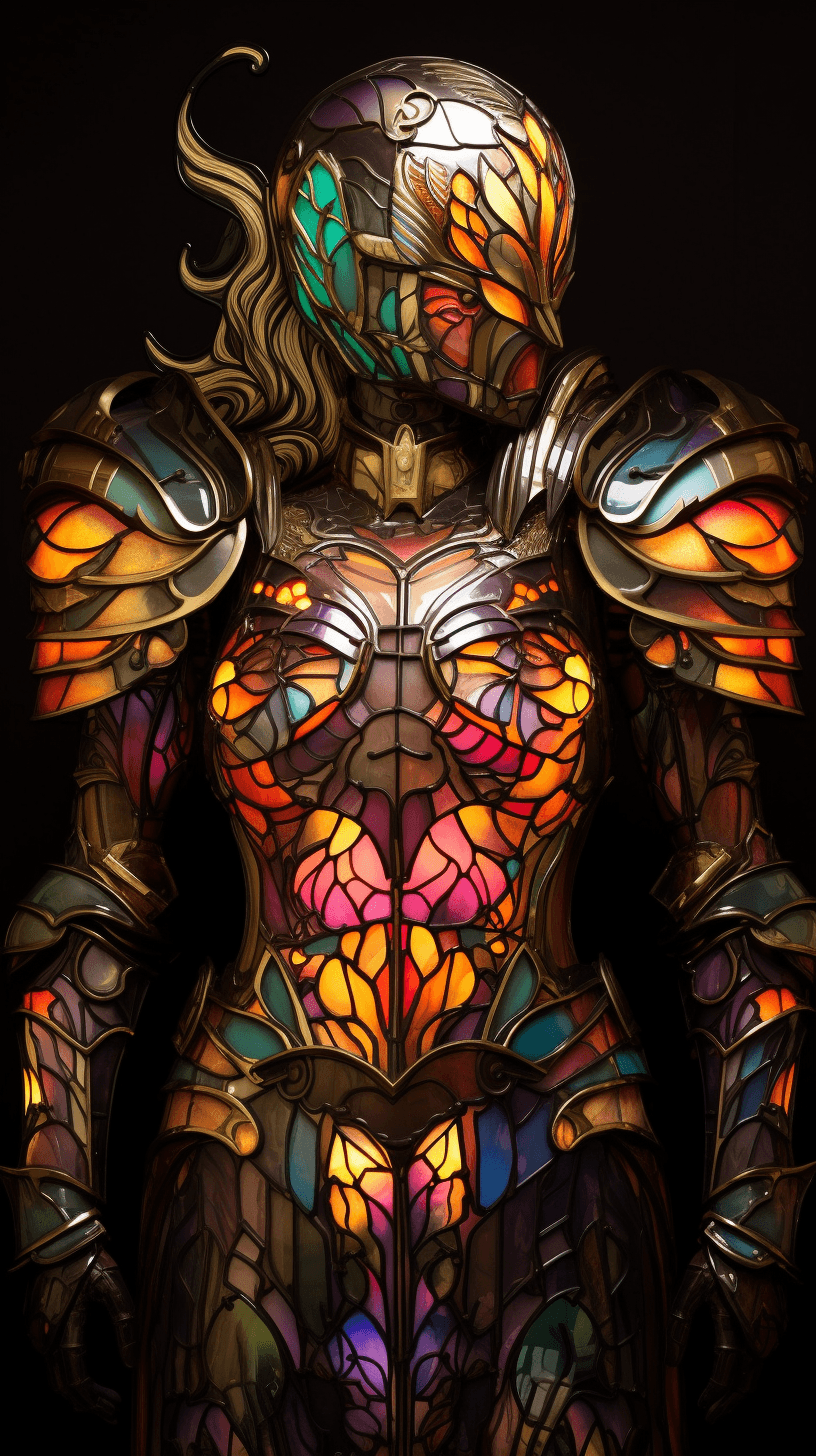 AI generated: Female warrior, armor made from stained glass