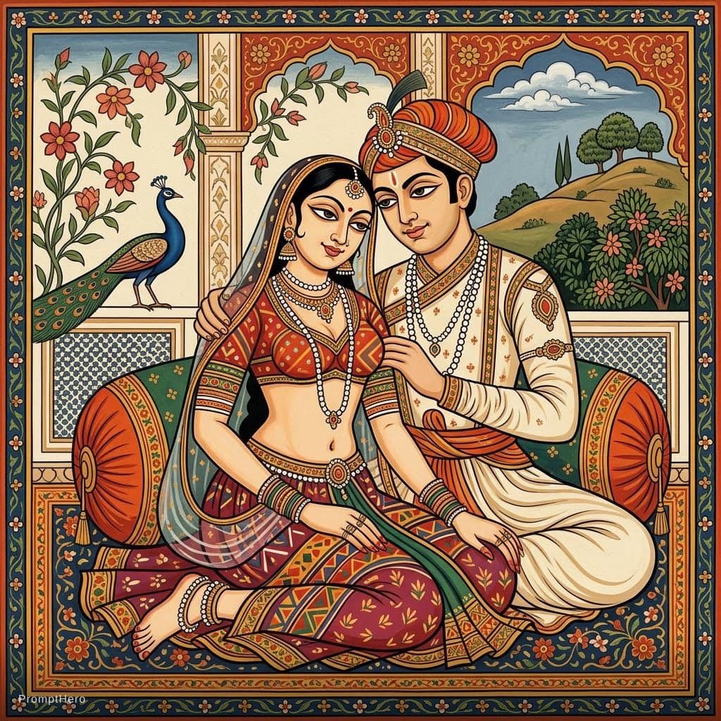 AI generated: Using the exact couple from the reference photo as the subjects, create an original Basohli painting...
