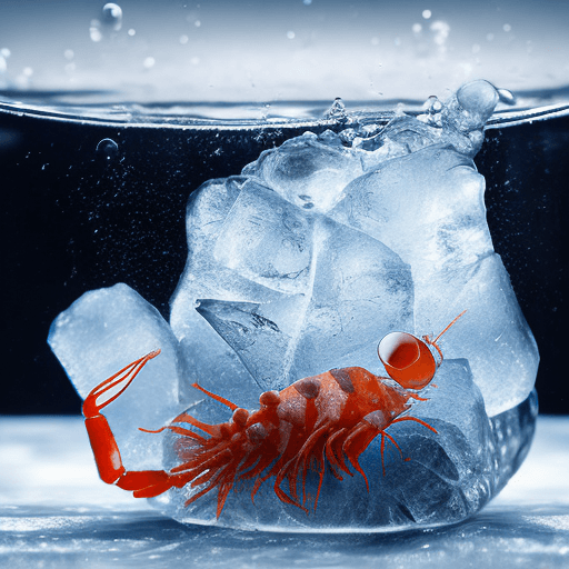 AI generated: Epic hyperrealistic photo of a dwarf shrimp inside a frozen ice cube, macro, fine details, film noir...