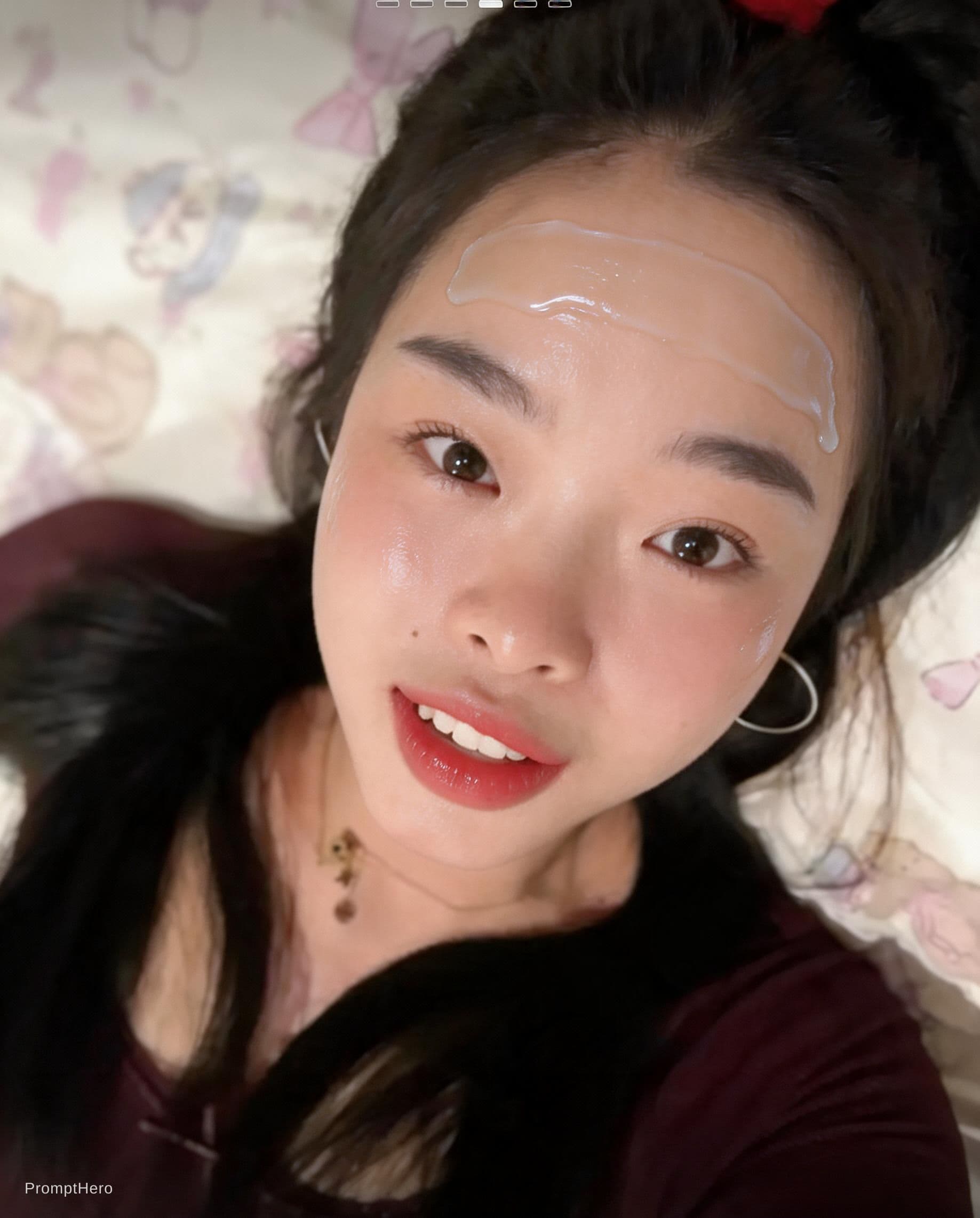 AI generated: close-up beauty shot of an Asian woman lying on soft pastel bedding, natural skin texture, dewy glas...