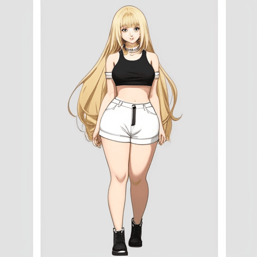 AI generated: modern fat anime girl long blonde hair crop top full body