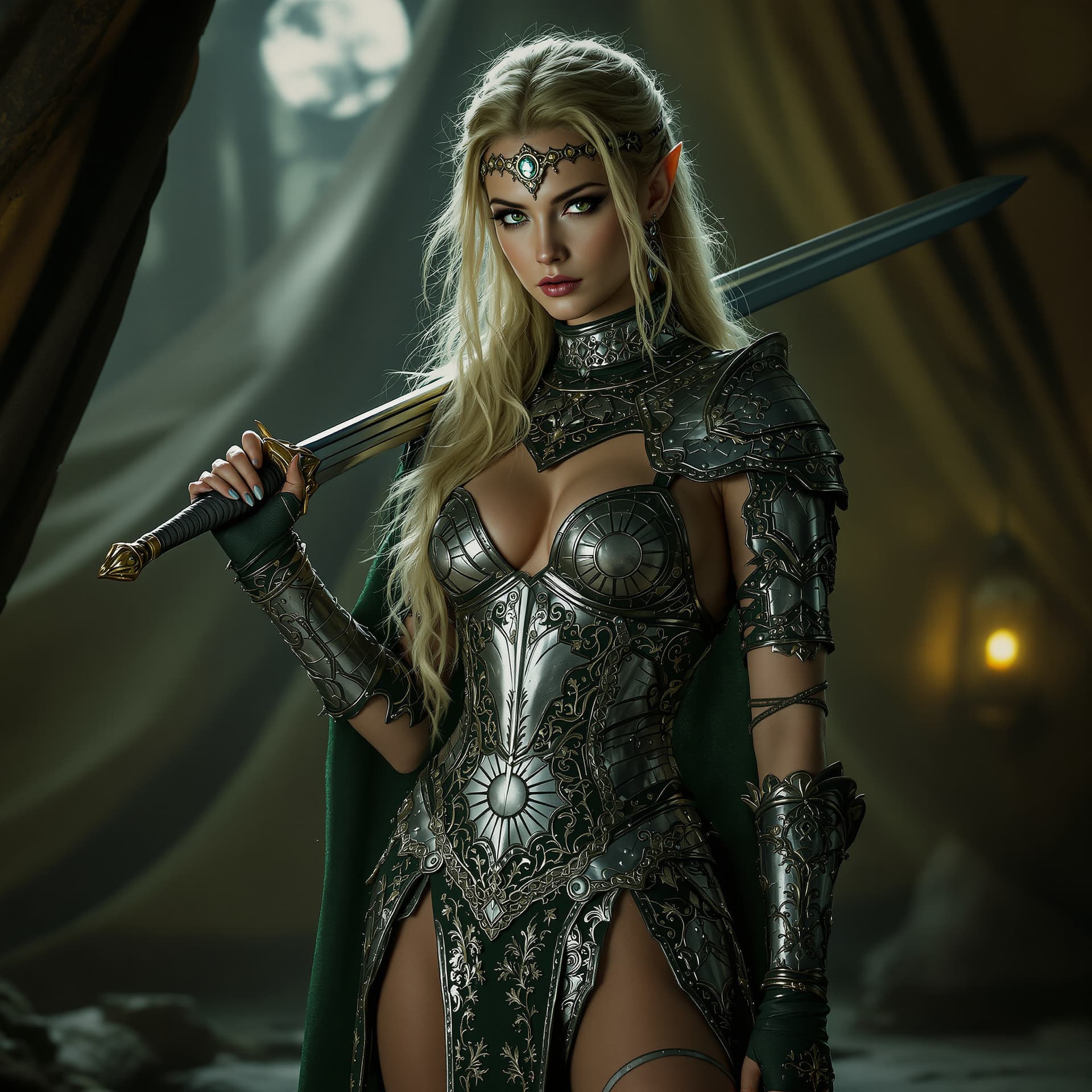 AI generated: Laurana — Elven Warrior-Queen

Think high-fashion fantasy editorial in a moonlit war tent. Laurana...