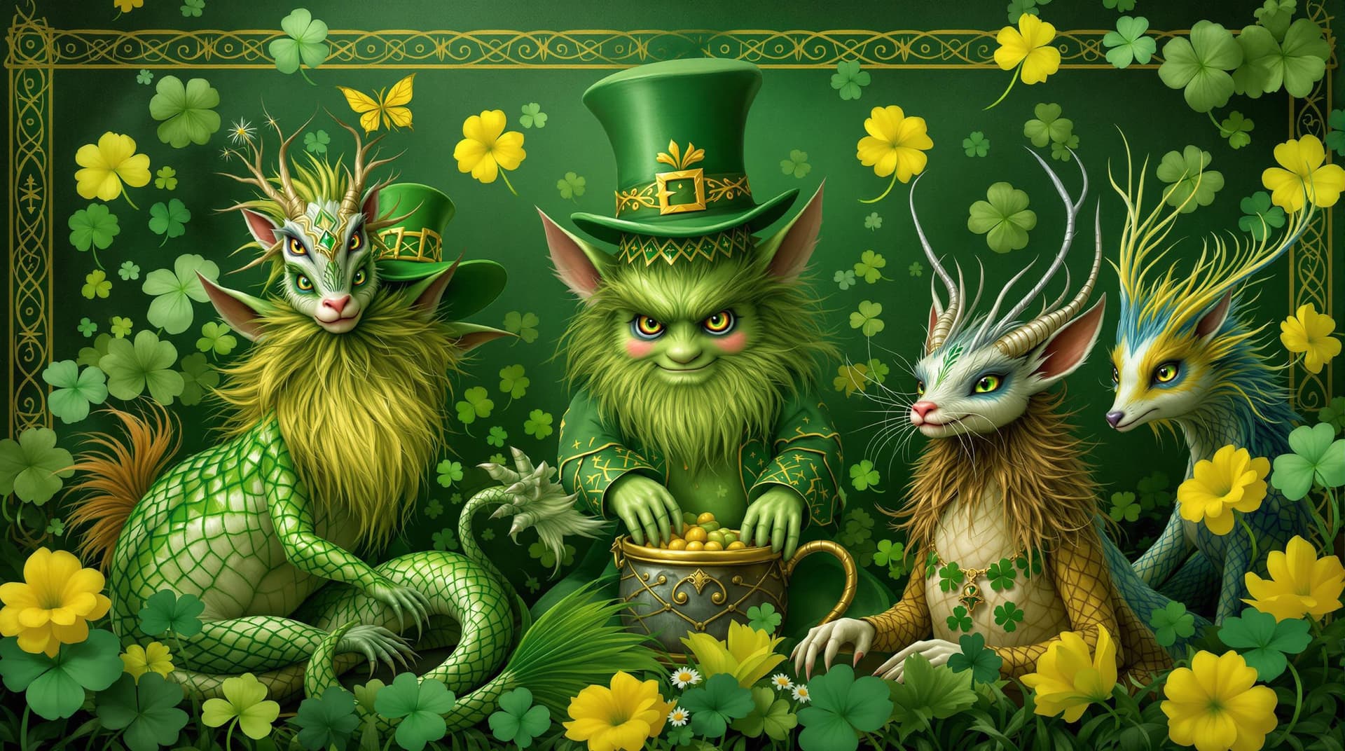 AI generated: St. Patrick's Day celebration featuring mythical fantasy creatures of Ireland, such as leprechauns, ...