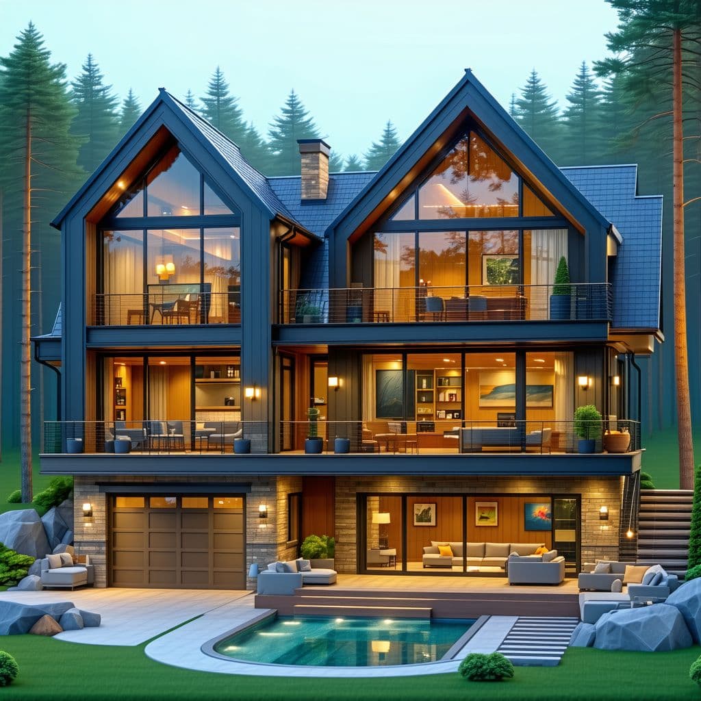 AI generated: Build a two-story cottage with large windows in a modern style. Surrounded by forest and lots of art...