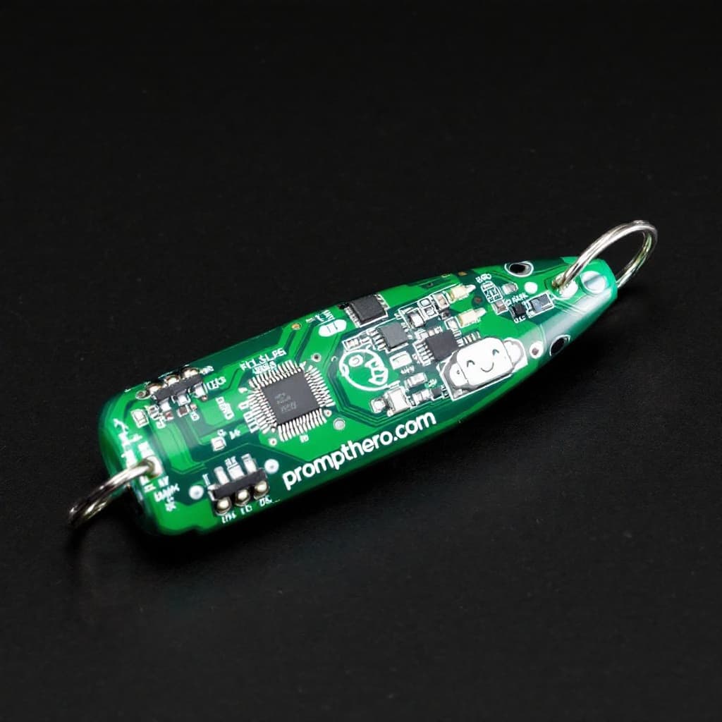AI generated: A bullet-shaped green printed circuit board (PCB) featuring intricate electronic components and trac...