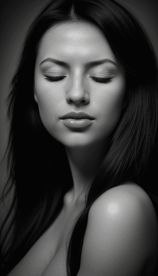 AI generated: Black and White, an striking portrait of a woman, long dark hair, soft gradient of natural light, hi...