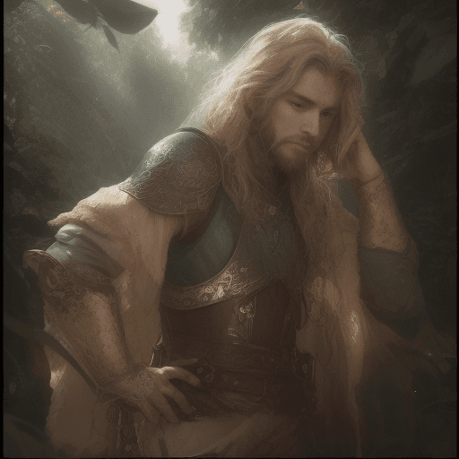 AI generated: high detailed professional upper body photo of a young half-elf with shaggy blonde beard and hair we...