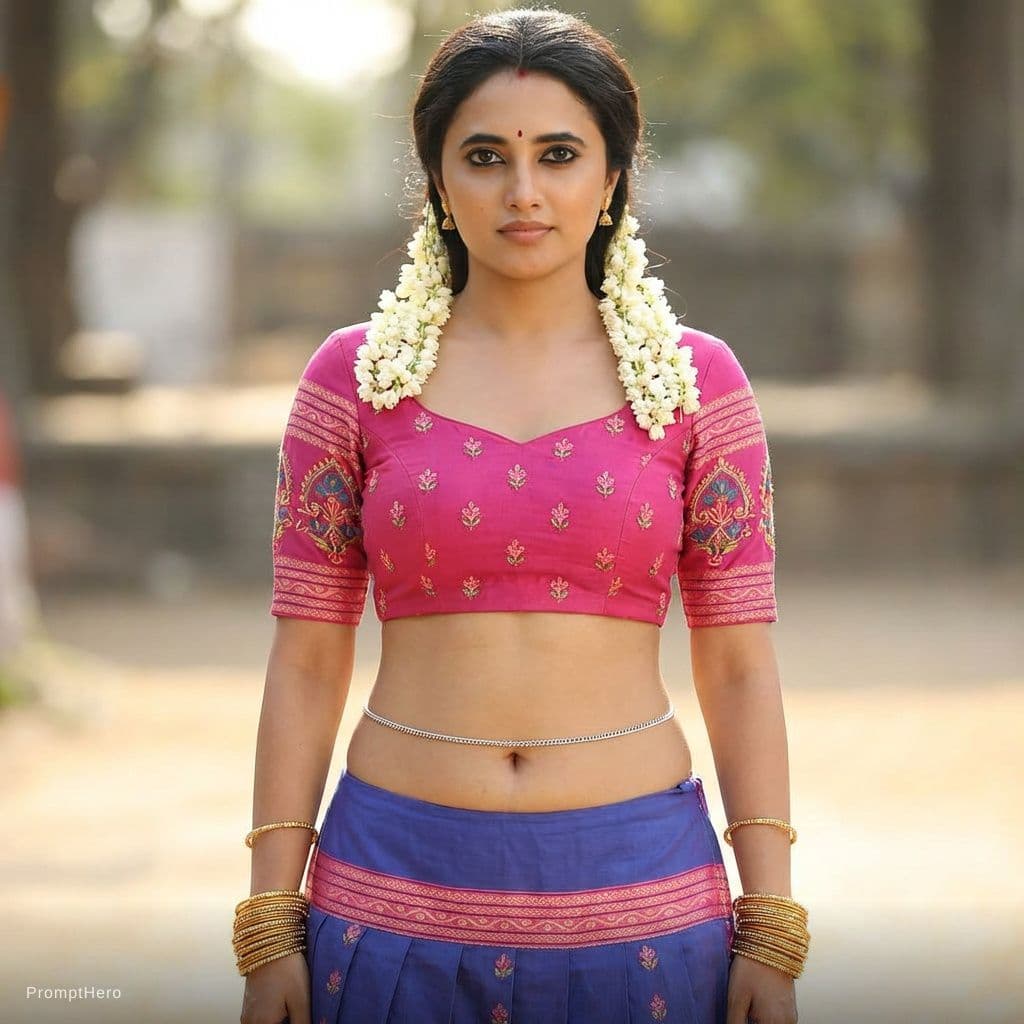 AI generated: wearing blouse choli with mini skirt. naval is visible low waist skirt. wearing bangles in hands and...
