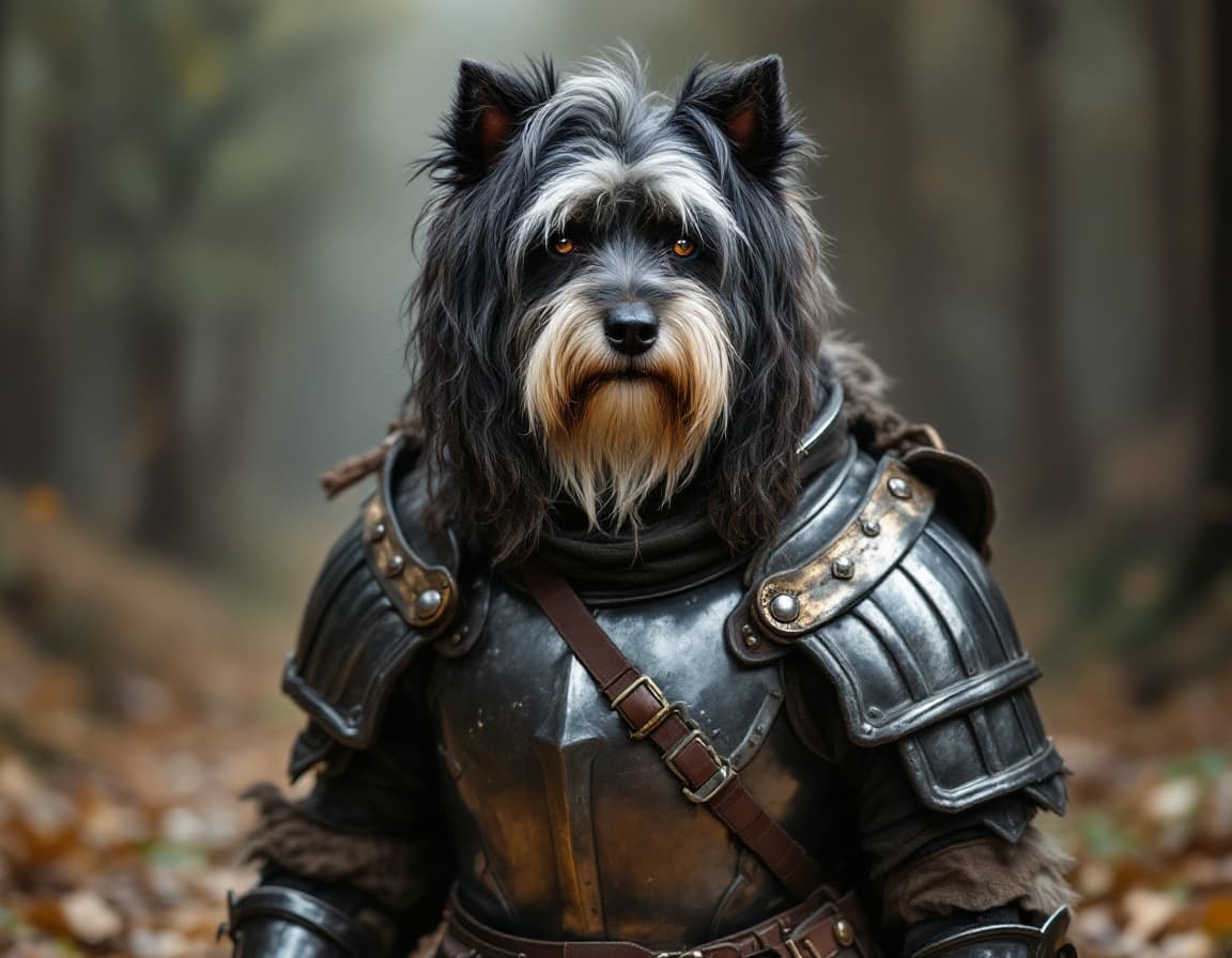 AI generated: havanese dog dressed in armor for war