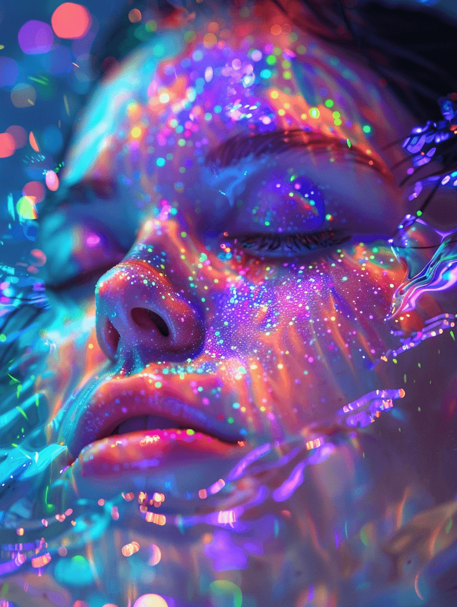 AI generated: A woman's face with her eyes closed, submerged in water. The colors of the light create an atmospher...