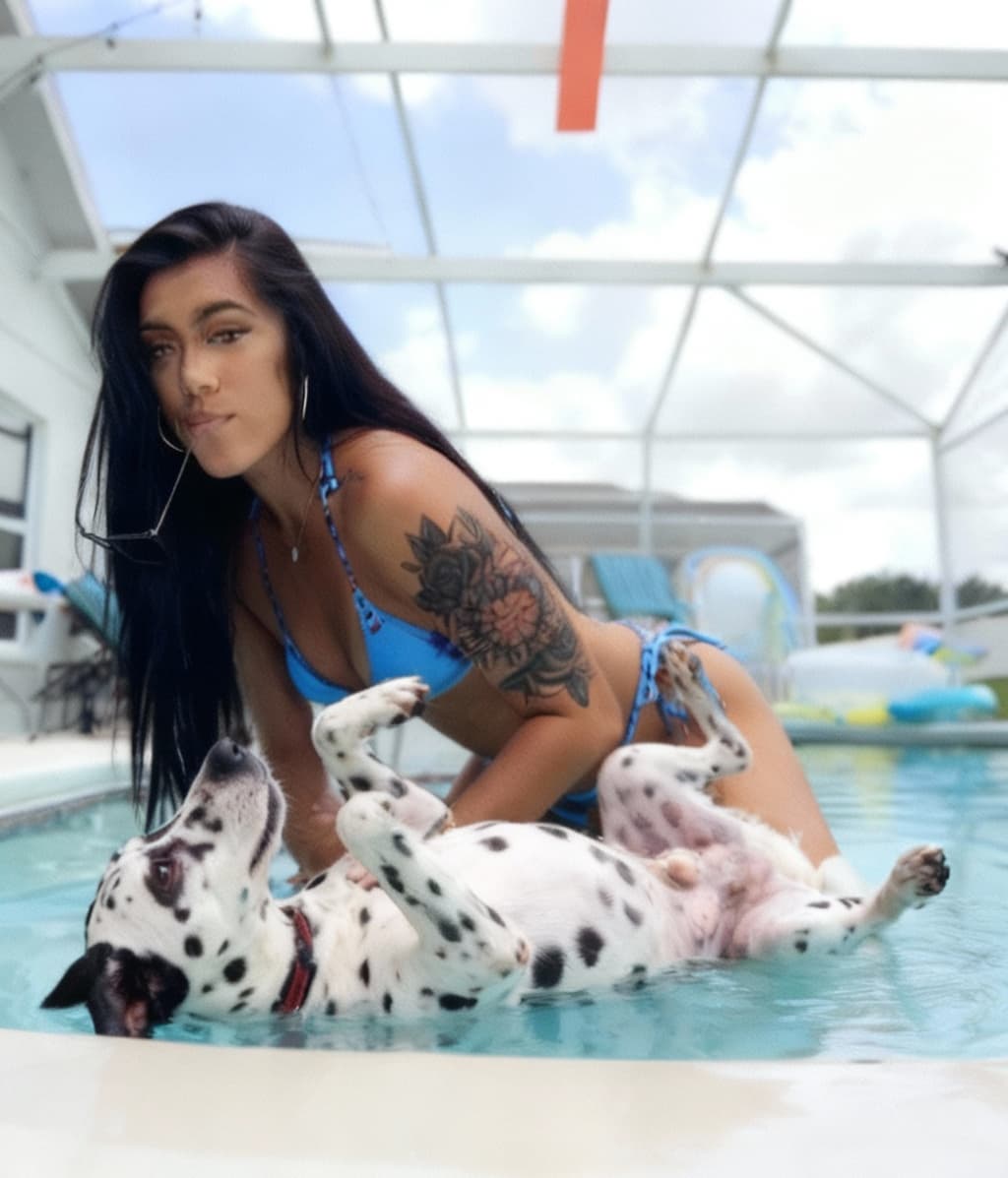 AI generated: Dog repositioned onto its back with belly up. Woman is not edited in this image. Keep woman exactly ...