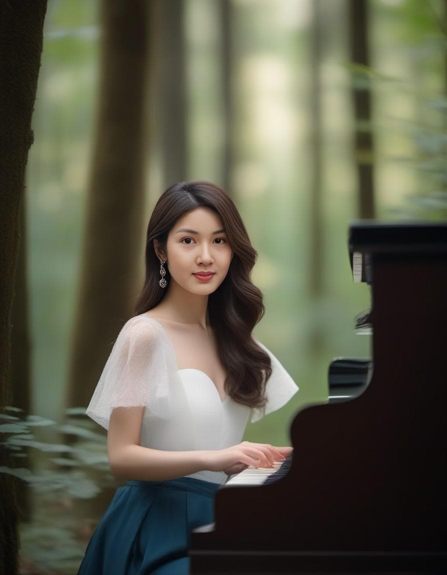 AI generated: Photo of 2 ultra realistic beautiful Asian girl, playing piano in the forest. 
