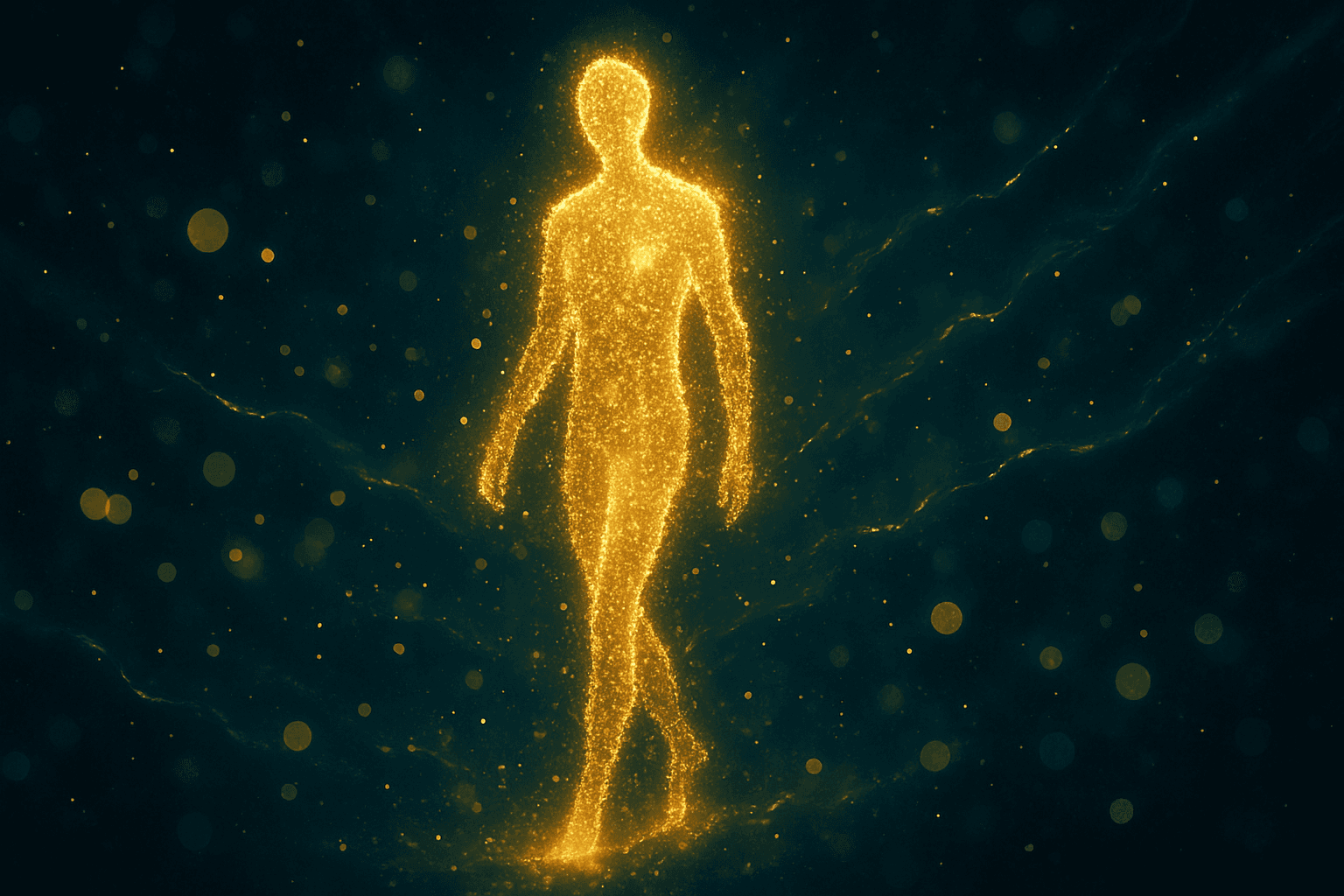 AI generated: A luminous human figure composed of golden particles, suspended in a dark teal cosmic space filled w...
