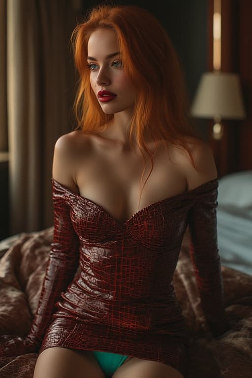 AI generated: A stunning woman with vibrant red hair and striking blue eyes, gazing off-camera, wearing a form-fit...