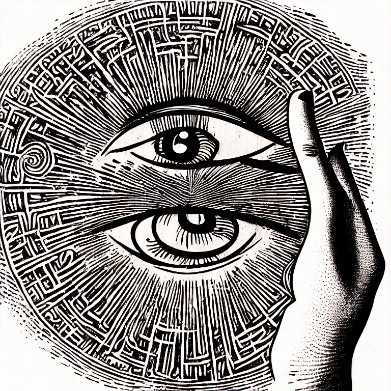 AI generated: mystical symbol, hand with the eye, woodcut illustrattion, scribble illustration, paranoid, annotate...