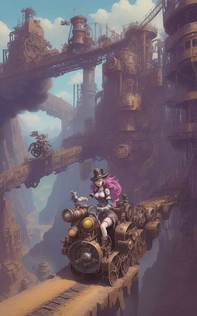 AI generated: Step into the vibrant world of Pistonella, where the day brings forth an array of mechanical marvels...