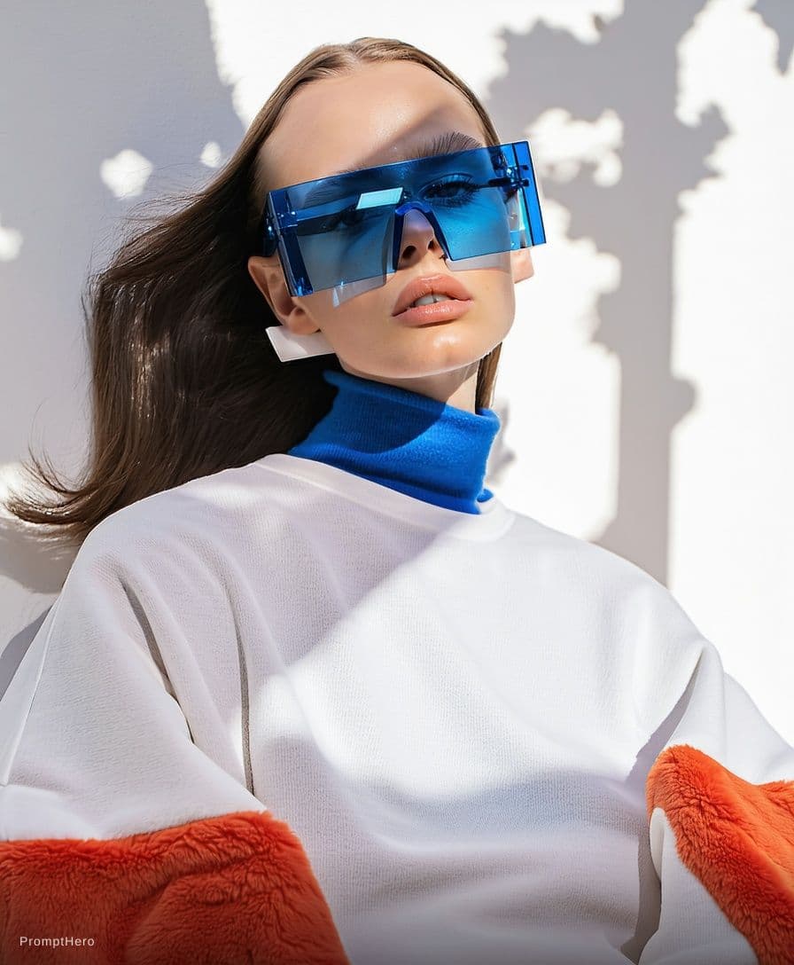AI generated: Fashion shoot, Jacquemus and Moncler collaboration: dark blue translucent futuristic sunglasses, hyp...