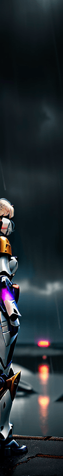 AI generated: girl wearing gundam armor, her short white hair is blowing in the wind, its a dark rainy night, shes...