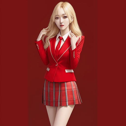 AI generated: pretty kang ji young blonde hair wearing red suit and skirt