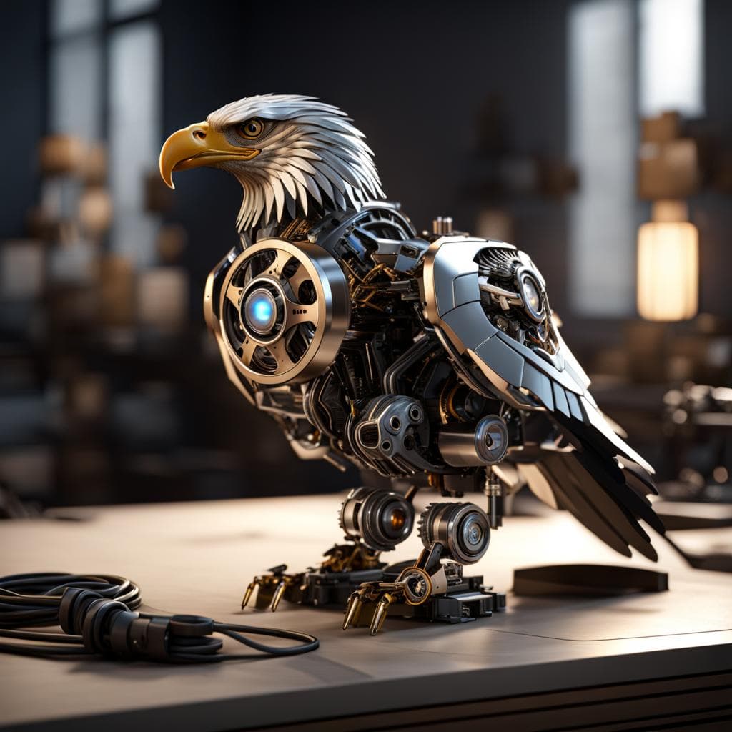 AI generated: Robotic eagle, 8k unreal engine render, wires and gears, photorealistic