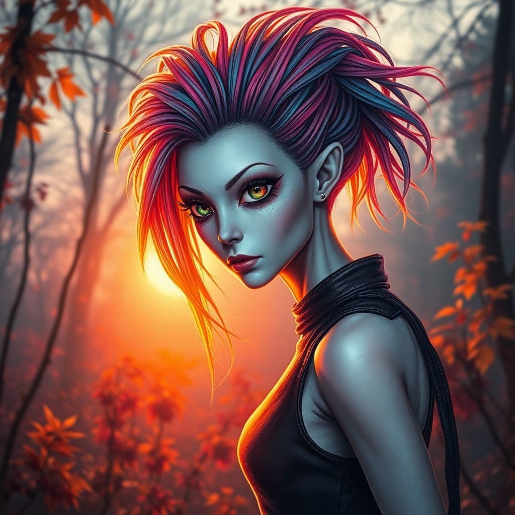 AI generated:  Craft a detailed visual narrative centered on an alien woman characterized by her striking multicol...