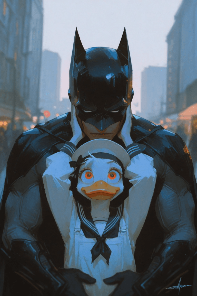 AI generated: Batman, a Caucasian adult male, clad in a black, textured, armored batsuit, is embracing Donald Duck...