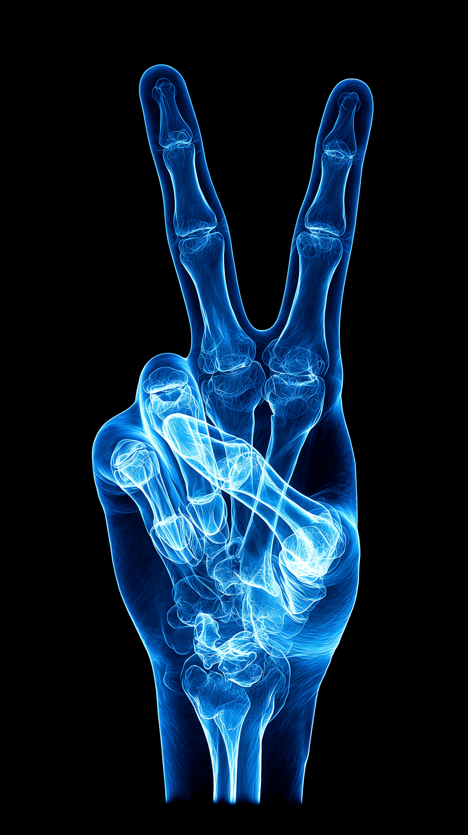 AI generated: surrealistic photography, glow neon blue x-ray art, transperant, peace sign finger, bones, solid bla...