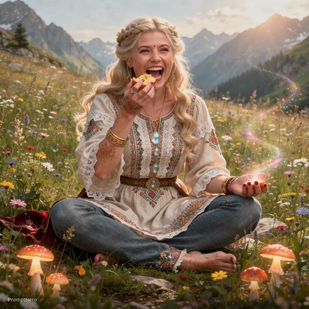 AI generated: A full-figured blonde with untamed, cascading curls and a loose braid framing her face sits cross-le...