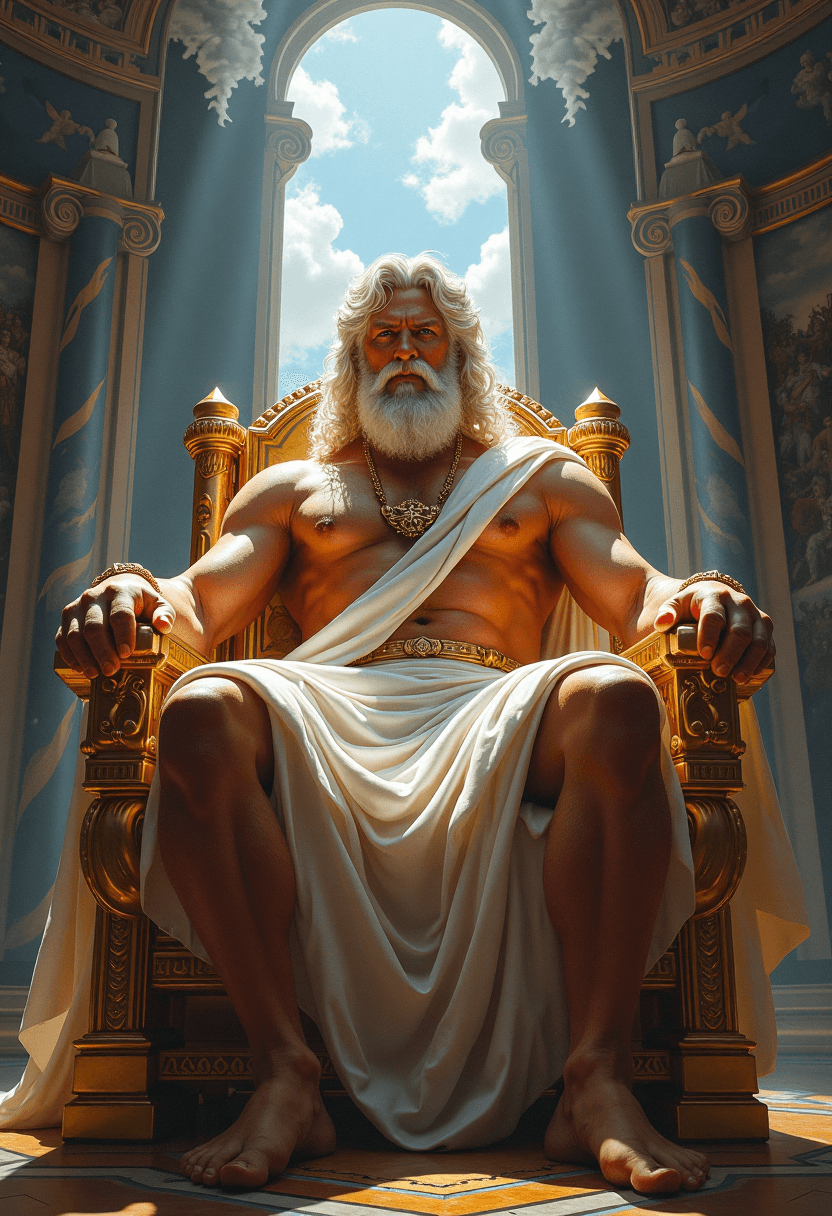 AI generated: Zeus, king of the gods, sits on his thrown of gold and crystal, surrounded by storm clouds and light...
