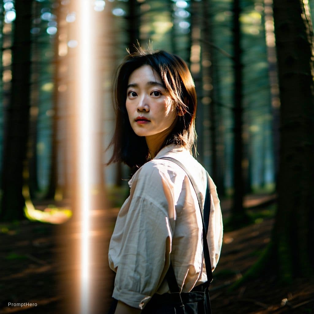AI generated: A cinematic portrait of an Asian woman standing in a quiet forest, captured in a spontaneous moment ...