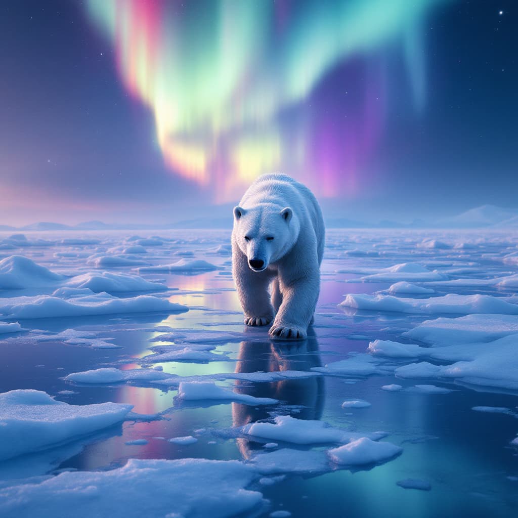 AI generated: 21.	a polar bear walking across shattered ice under northern lights, reflective icy textures --v 7 -...
