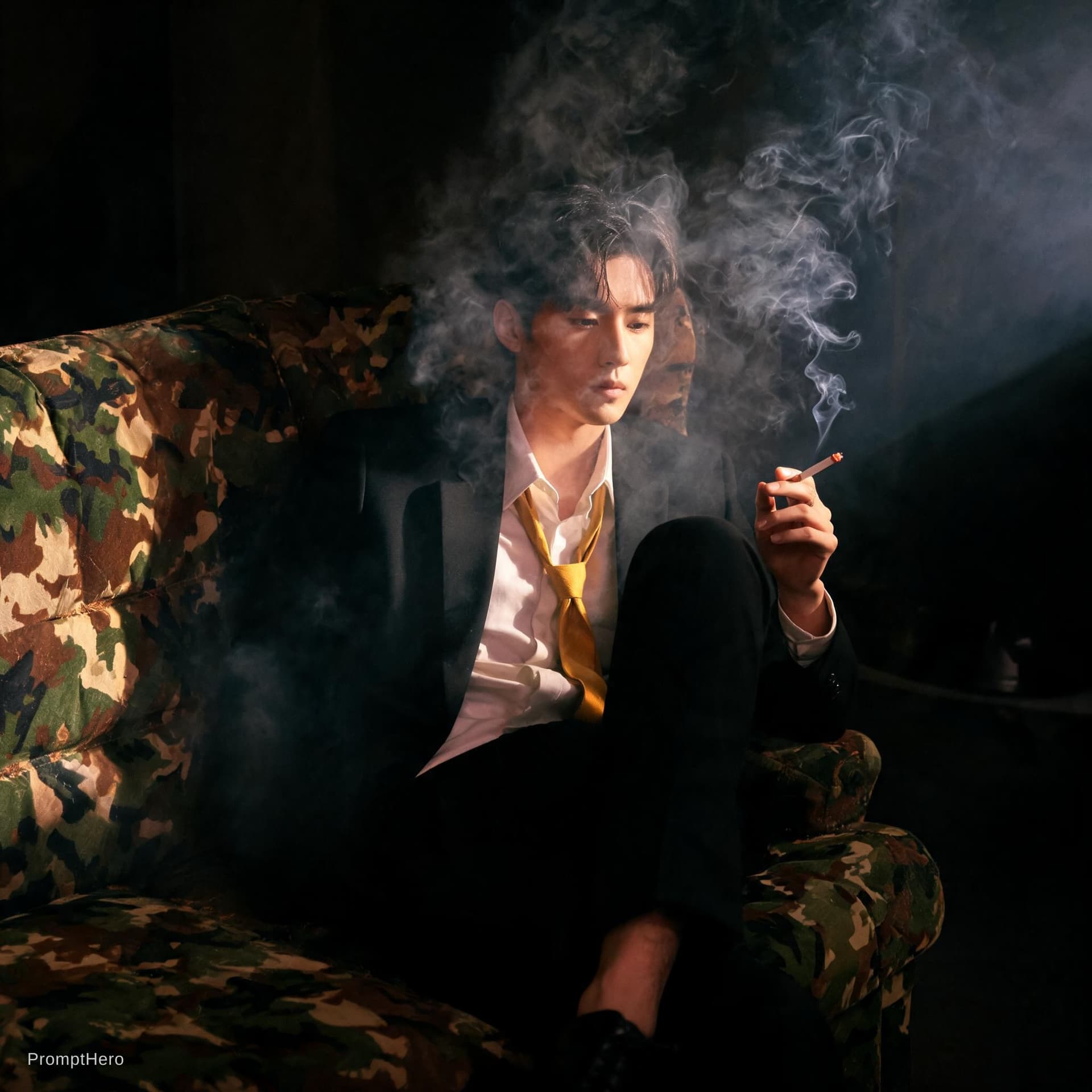 AI generated: photography, cover shoot, dimly lit room with a hazy atmosphere, capturing a professional male model...