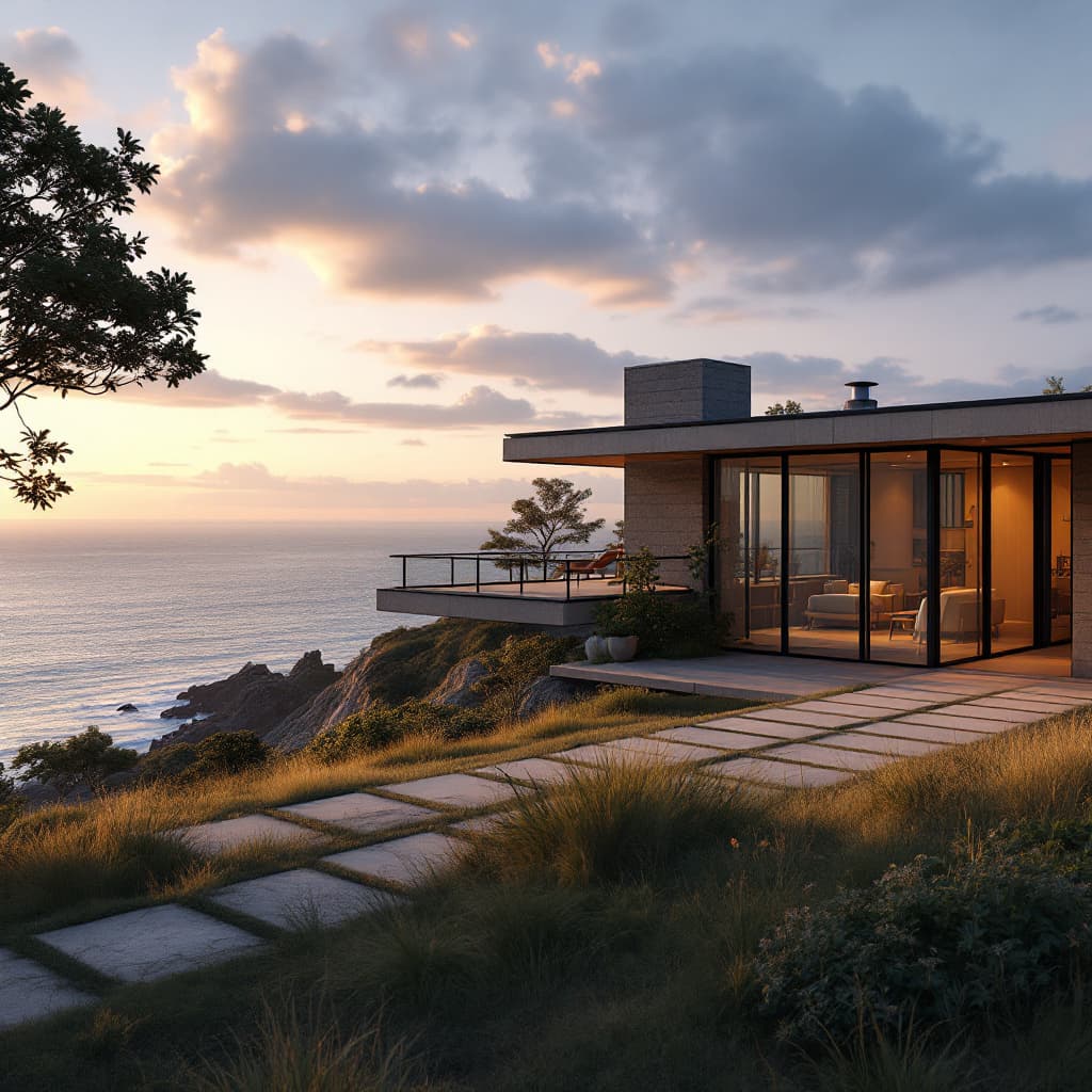 AI generated: Hyper realistic eye level exterior photo of a mid century modern style house overlooking the ocean, ...