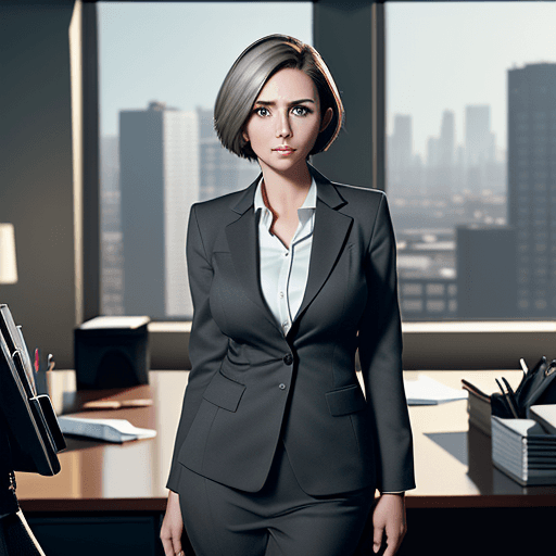 AI generated: elegant young woman sitting at her desk in her personal office, short haircut, brown hair with gray ...