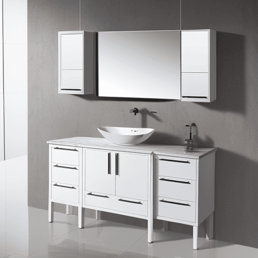 AI generated: A 200mm hight floor suspended 750mm length and 550mm high  vanity cabinet, with round basin, white c...