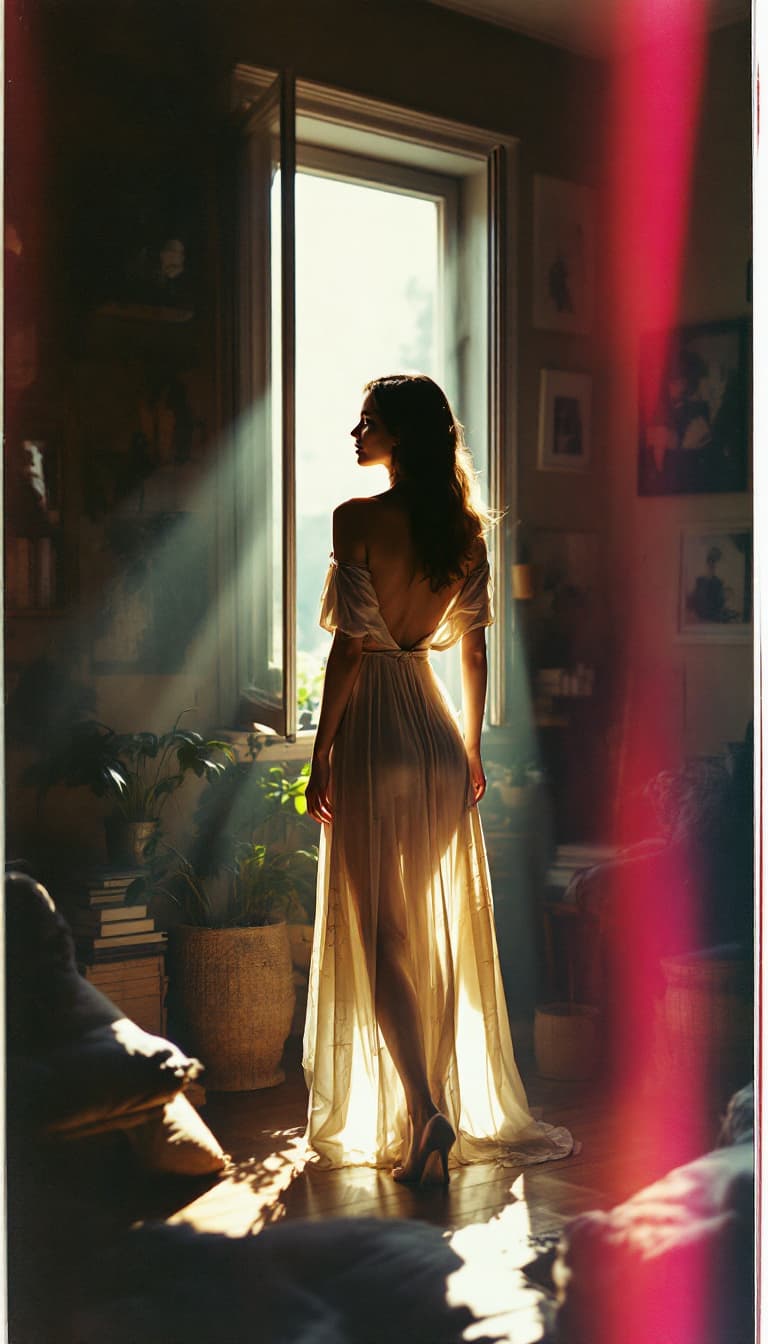 AI generated: A woman stands in the room wearing a light dress that reflects her figure gracefully, bathed in sunl...