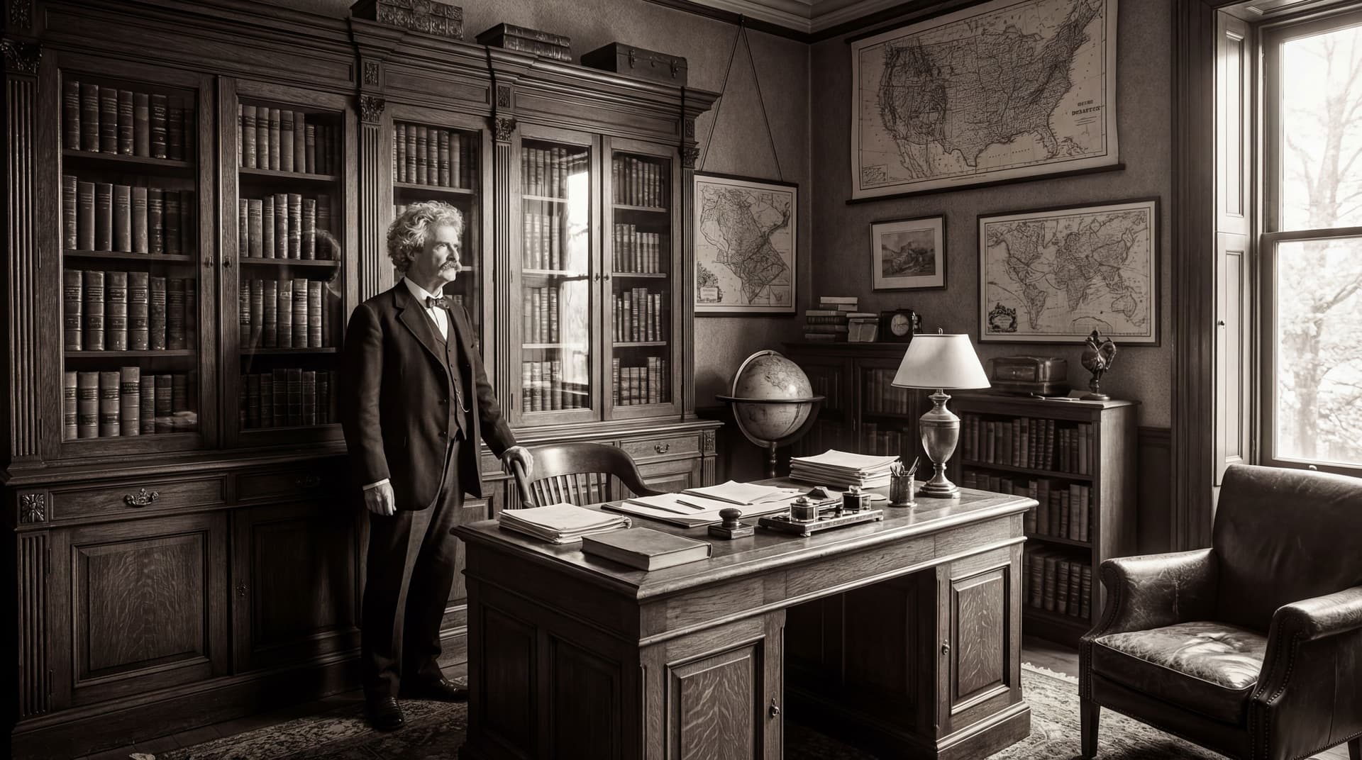 AI generated: Create wide angle. Put him in an old vintage office next to book cabinets and similar.