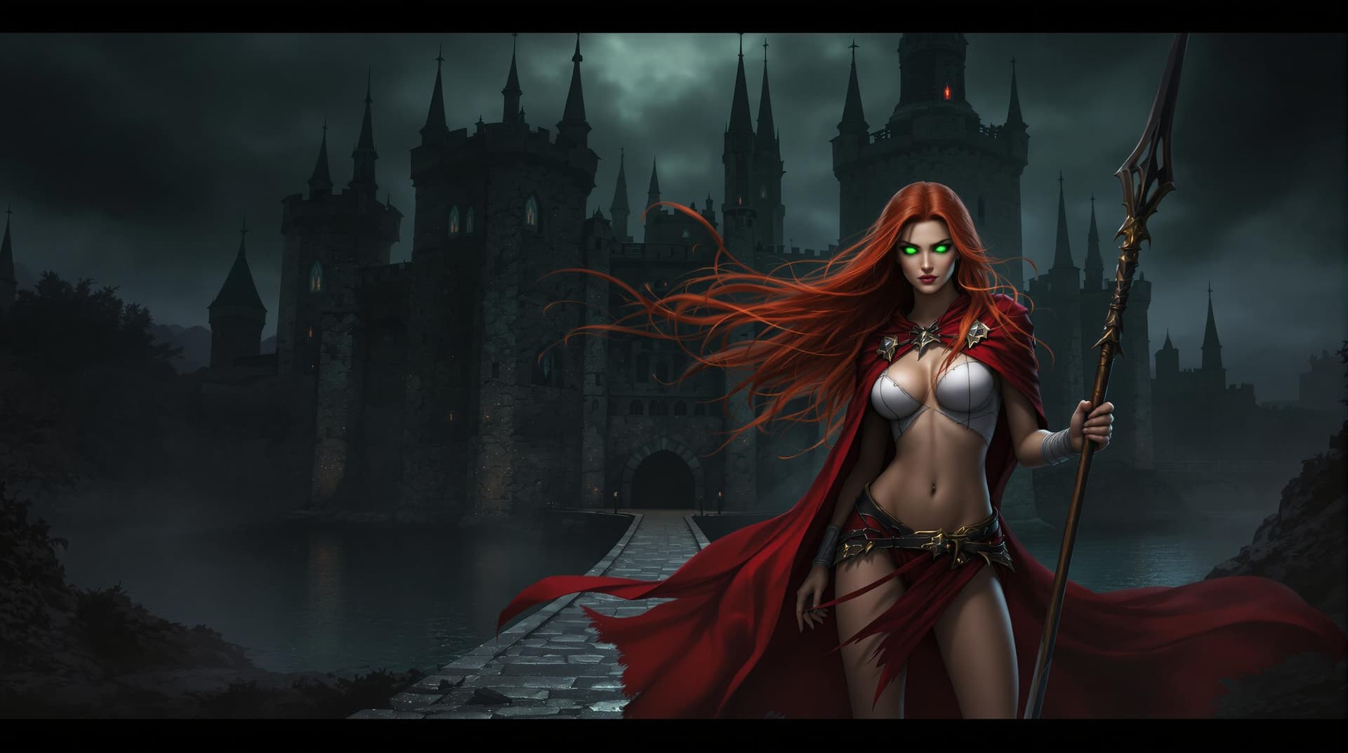 AI generated: a woman with long, flowing red hair and a white bodice with a red cape, radiant glowing green eyes, ...