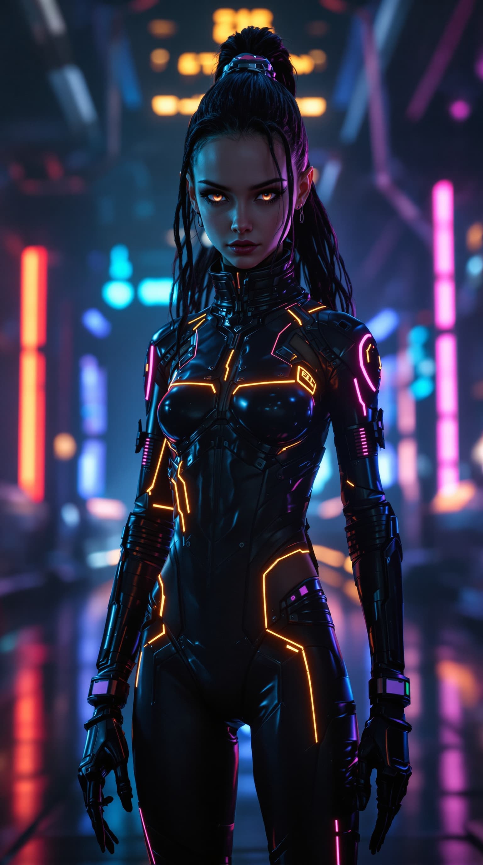 AI generated: hyper-realistic depiction of a twelve year old Evie Templeton dressed in a leather body suit lightly...